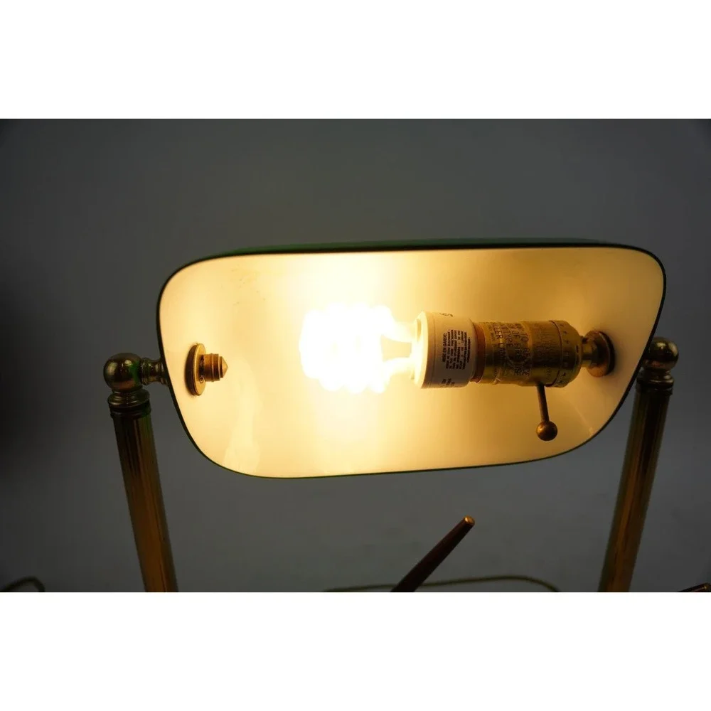 Vintage Bankers Lamp Green Glass Shade Marble Base Dual Pen Holder Desk‎ Light